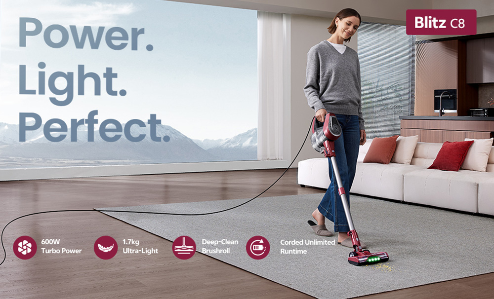Vactidy Blitz C8 porszívó: 600W, 60kPa szívás, 1,7 kg, LED-es kefe