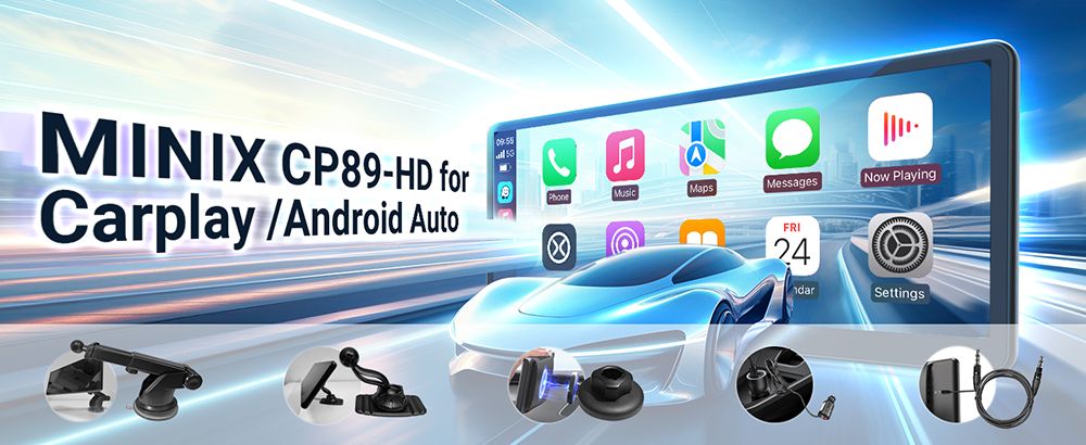 MINIX CP89-HD: Vezeték nélküli CarPlay/Android Auto kijelző 60FPS-sel