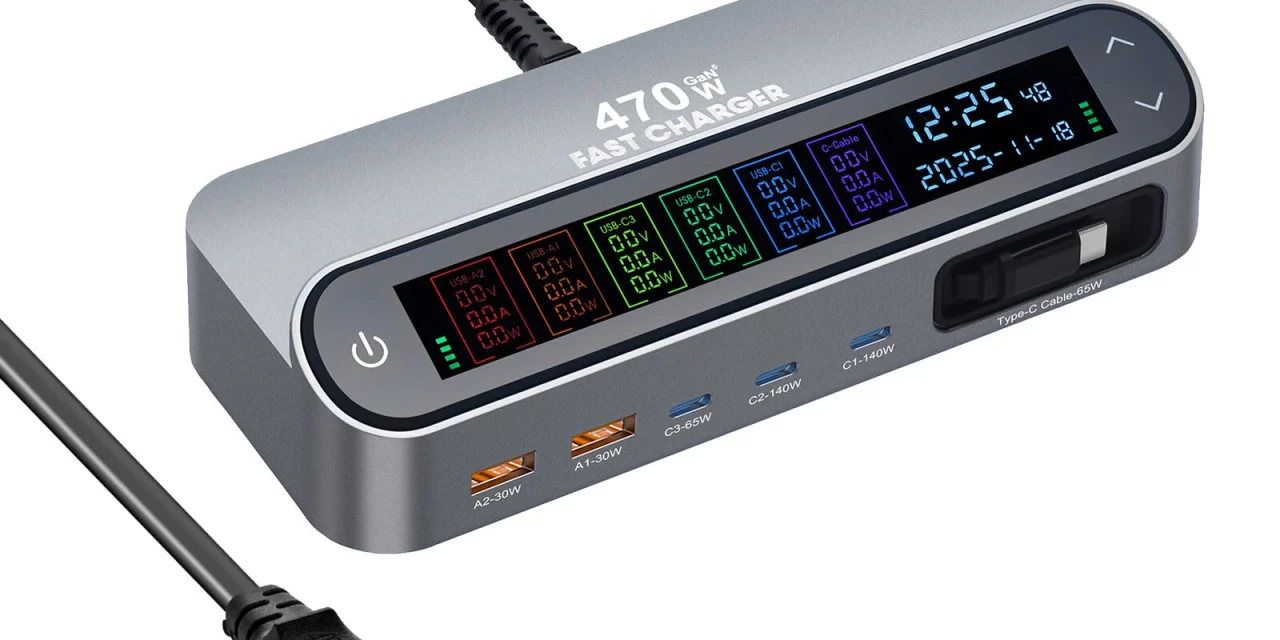 GaN Tech Bakeey YMX LCD 470W 6 portos GaN töltő digitális kijelzővel bemutató