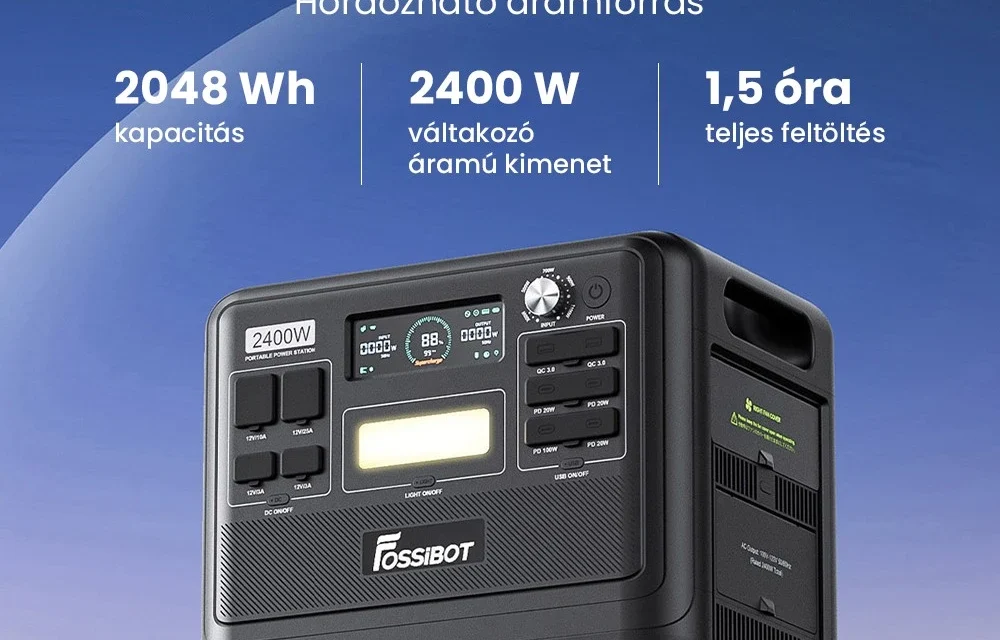 FOSSiBOT F2400 hordozható erőmű 2048 Wh LiFePO4 akkuval és 2400 W teljesítménnyel