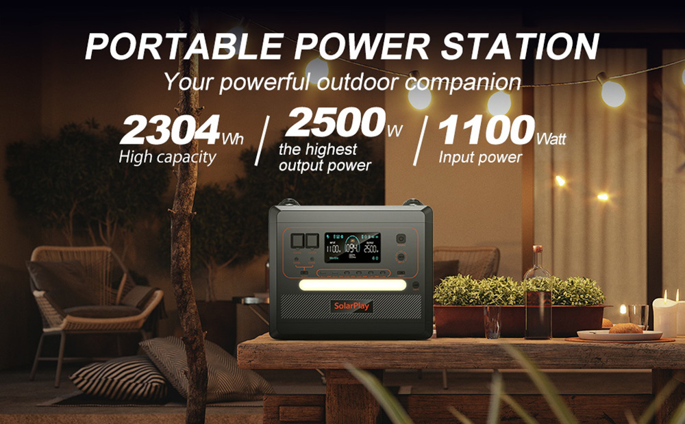 SolarPlay Q2402M hordozható erőmű: 2304 Wh, 2500 W, LiFePO4 akkumulátor