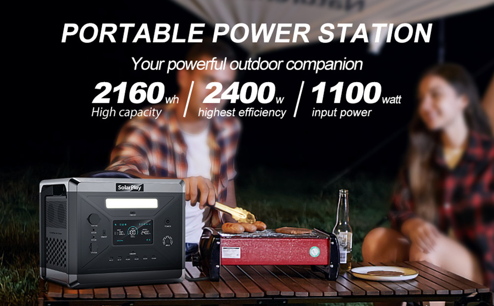 SolarPlay Q2501 hordozható erőmű: 2400W LiFePO4, 1,5 óra töltés