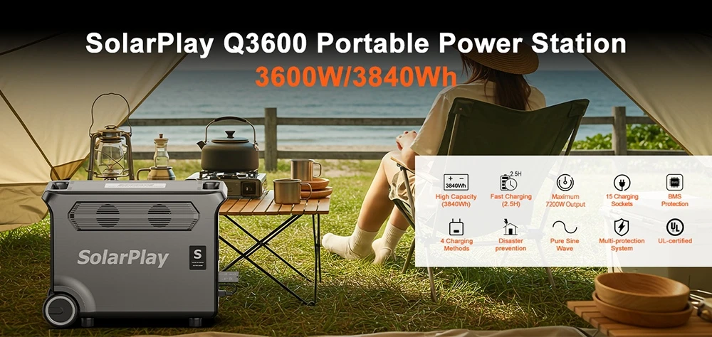 SolarPlay Q3600 hordozható erőmű: 3600W teljesítmény és 3840Wh LiFePO4 akku